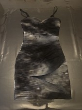BCBGMAXAZRIA Women's Bodycon Dress Size 0 Black White Textured Straps Ruched