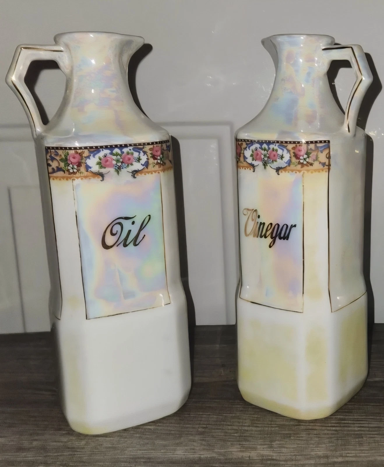 Vintage Mepoco Hand Painted Lusterware Glazed Ceramic Oil Vinegar Set