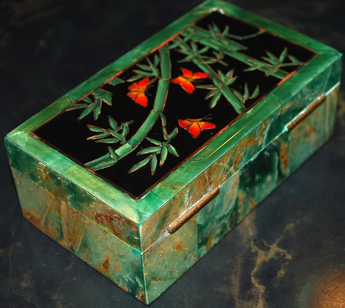 Vtg CHINESE JADE & INLAID ENAMEL BUTTERFLIES Jewelry/ Trinket Box HEAVY 5.25" - 第 7/24 張圖片