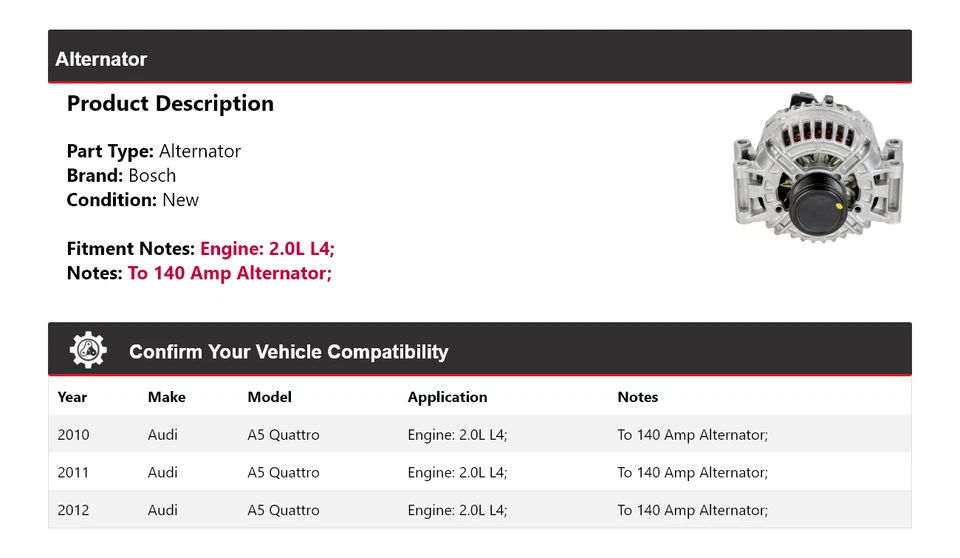 Alternador Bosch para 2010-2012 Audi A5 Quattro 2.0L L4 (Novo) 2011 - Imagem 2 de 4