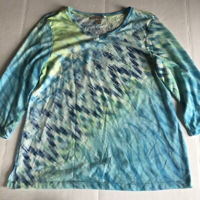 Christopher & Banks Blue Green Gem Embellished Lace Detail Top Sz M A3604