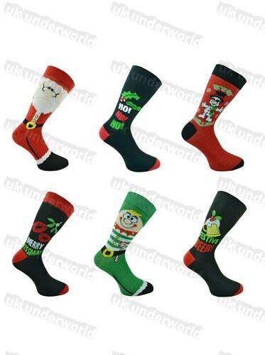 Mens Christmas Socks Xmas Festive Designs Novelty Cartoon Santa 6-11 6 Pairs - Picture 1 of 3