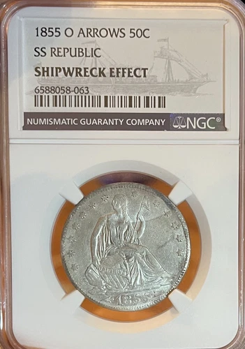 1855-O Arrows SS Republic NGC Shipwreck Effect Unc. Seated Liberty Half Dollar