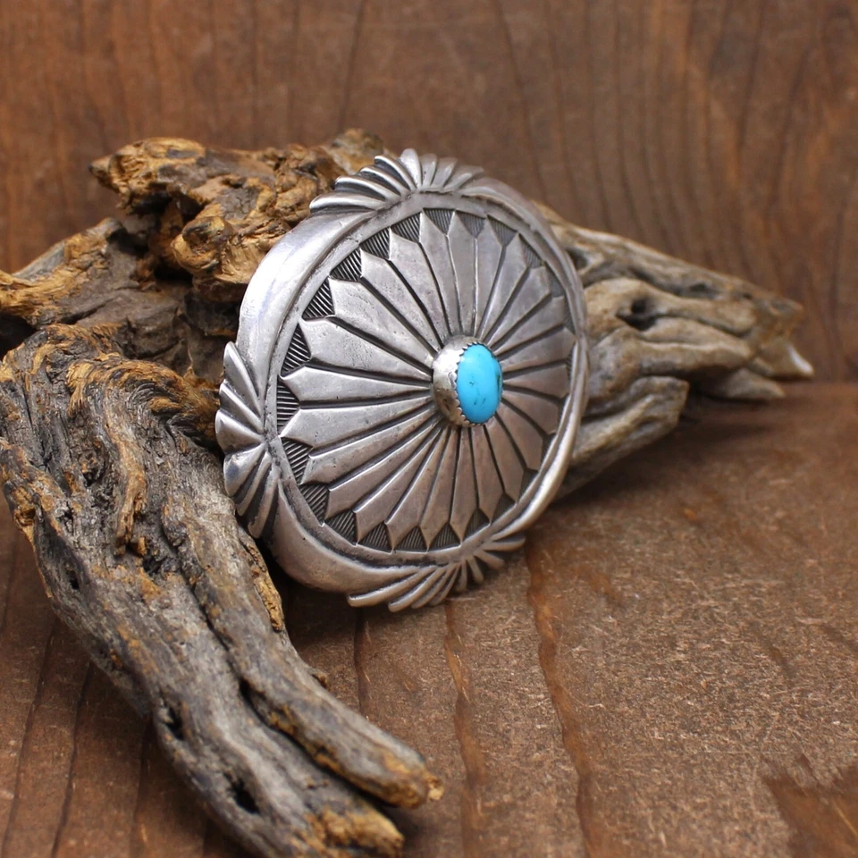 Vintage Southwest Stamped Sterling Silver with Round Turquoise Stone Belt Buckle - Image 2 of 4