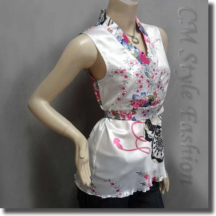 Regata japonesa quimono sem mangas floral cetim sedoso branca P/M/L/XL/2XL/3XL - Imagem 3 de 4