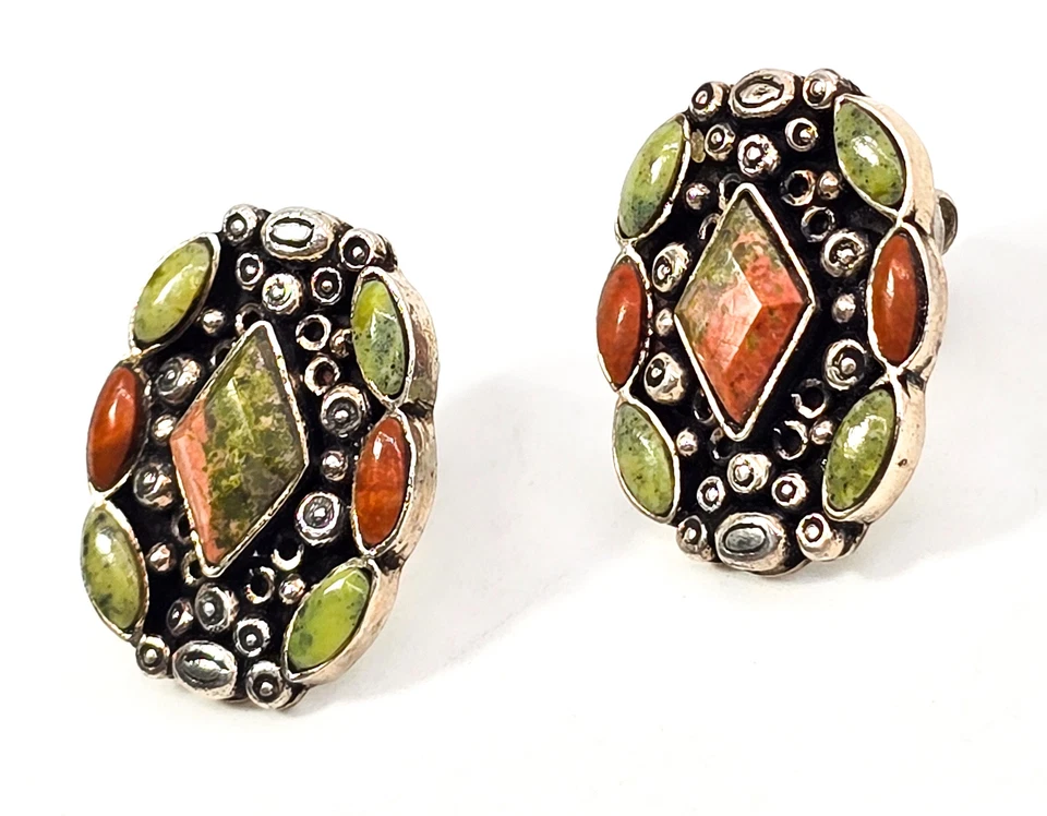 Unakite large multi stone sterling silver gemstone stud earrings - Imagem 3 de 4