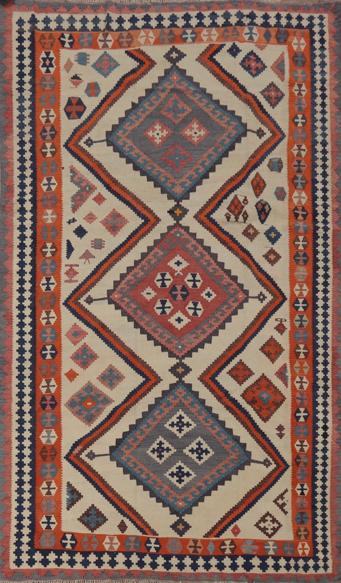 Vegetable Dye Kilim Ivory Geometric Tribal Hand-woven Reversible