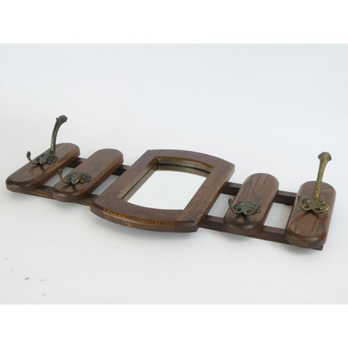 Vintage Dutch Wooden Wall Rack with Mirror and Brass Hooks Wooden Wall Mount - Picture 5 of 8