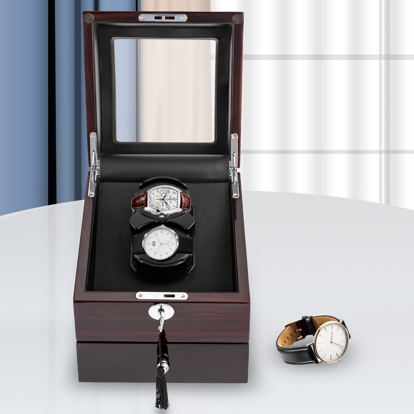 360° Automatic Double Watch Winder Blue LEDs With 3 Safes For Storing