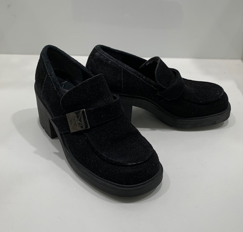 Fair Condition Calvin Klein Black Suede Loafer Style Heels CK Logo Buckle Sz 6