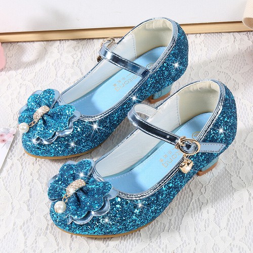 Girls Kids Childrens Low Heel Show Party Wedding Mary Jane Sparkly Sequin Shoes - Foto 5 di 17