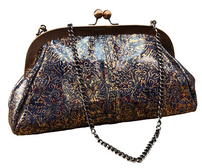 Patricia Nash Mia Leather Frame Satchel Kimono Tapestry Kiss Lock Chain Strap