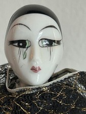 HARLEQUIN PORCELAIN MARDI GRAS JESTER MIME CLOWN PIERROT DOLL PURPLE SILVER 10"