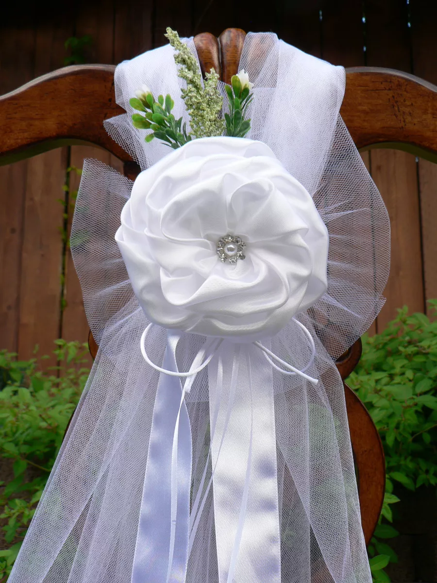 White Bows, Wedding White Decor, Church Pew Bow, Chair Bow