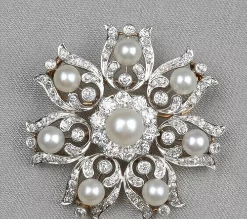 3Ct Round Cut White Pearl Flower Women's Charm Brooch Pin 14K Yellow Gold Plated - Picture 5 of 7
