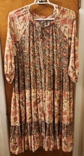 GiGio Plus Boho Hippie Floral Tie Front Layered Ruffled Midi Shift Dress Sz XL 