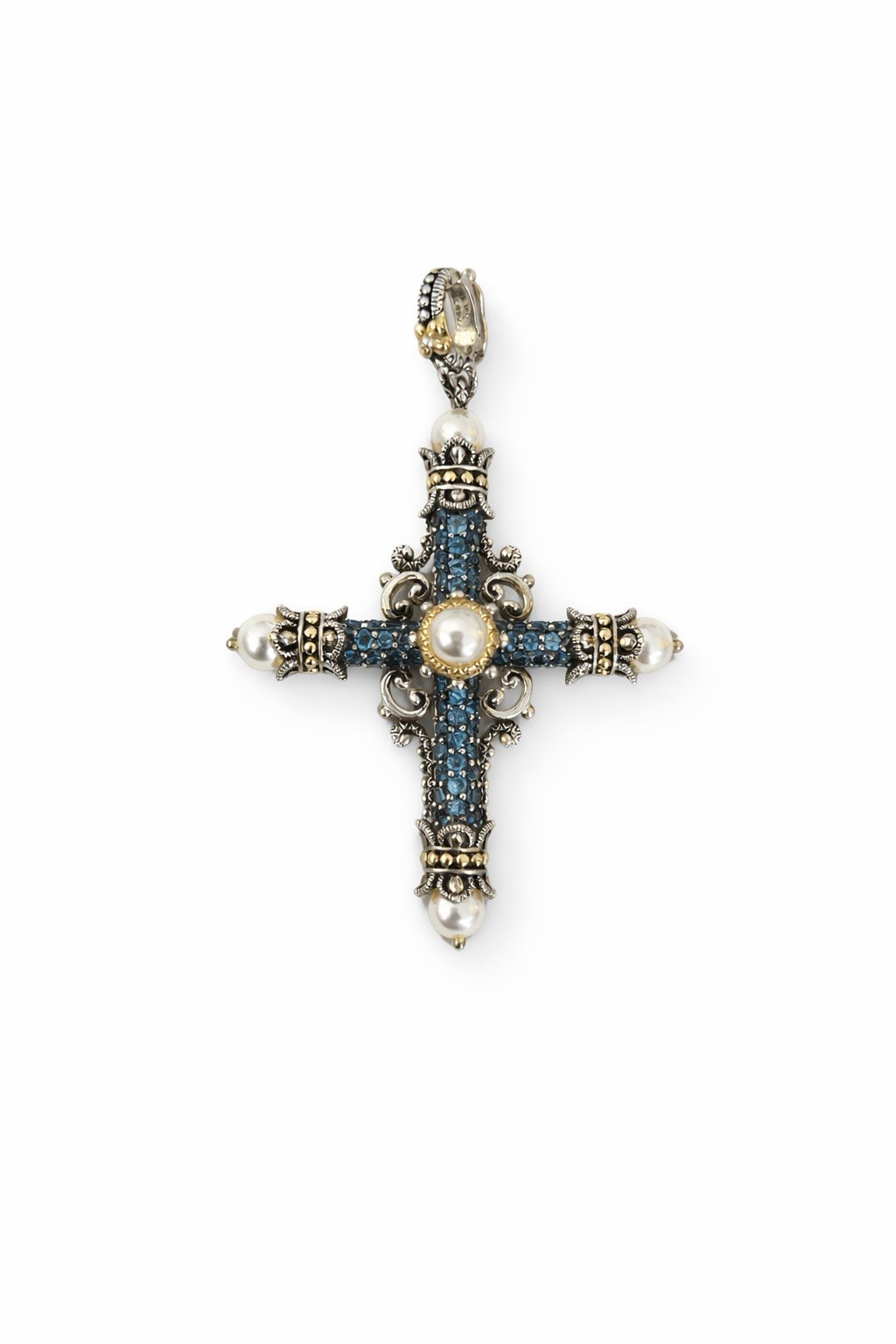 Barbara Bixby Sterling 16.9g Cross Enhancer Pendant White Pearl Blue Topaz