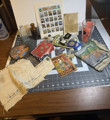 Vintage junk Drawer Lot! Coins, Bottles Stamps  Toys Etc!