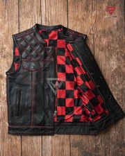 Men's Leather Black Vest With Red & Black Checker Inner Concealed Waistcoat