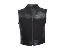 Mens New Black Perforated Leather And Canvas Motorcycle Vest Concealed Carry