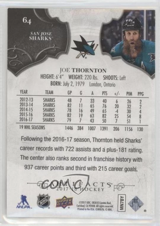 2017-18 Upper Deck Artifacts Purple /20 Joe Thornton #64 HOF - Image 2 of 2