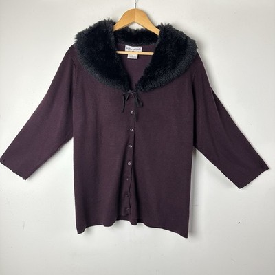 Vtg Cardigan Sweater Purple Black Faux Fur Collar Y2K Retro Prep Fairy Goth 1X