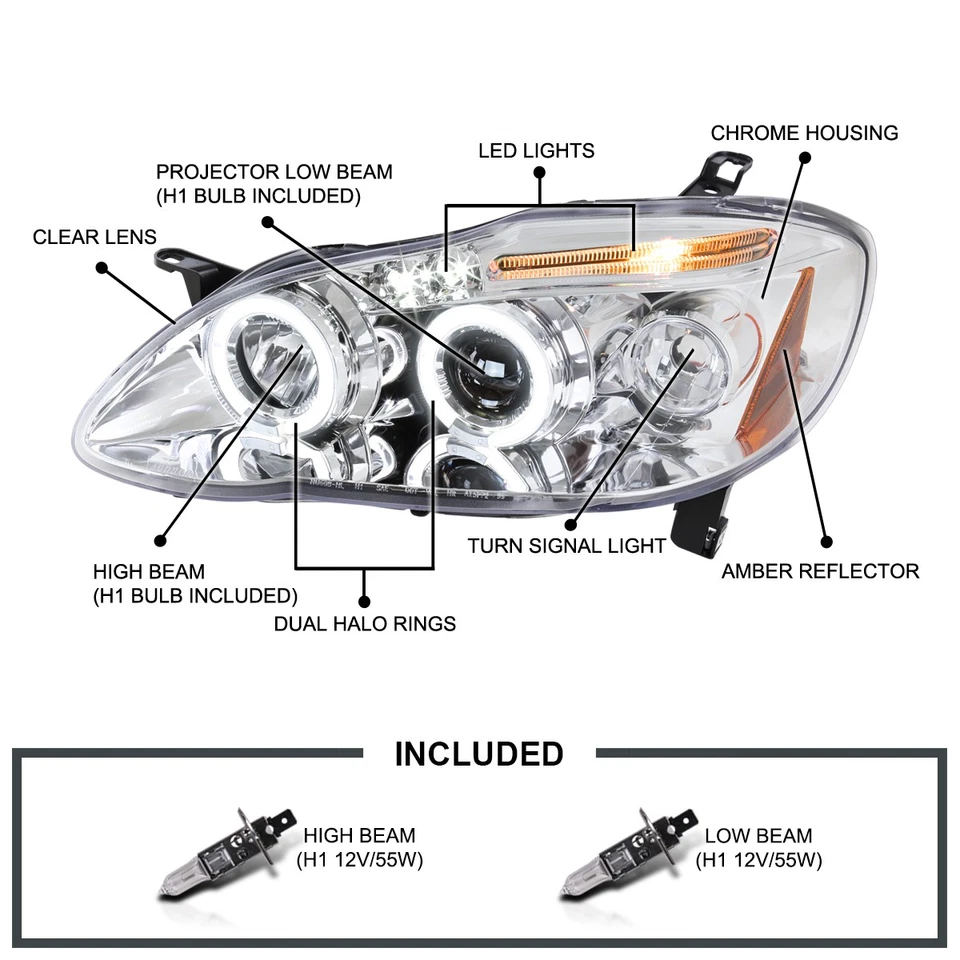 Fits 2003-2008 Toyota Corolla LED Halo Projector Headlights Lamp Left+Right Foto 3 de 4