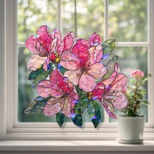 Pink Azalea Acrylic Suncatcher, Stained Glass Style Floral Window Hanging Panel