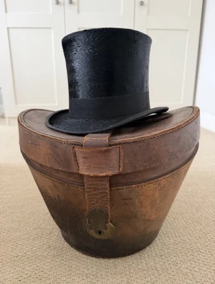 Vintage Silk Top Hat With Red Lined Leather Hat Box - Image 1 of 4