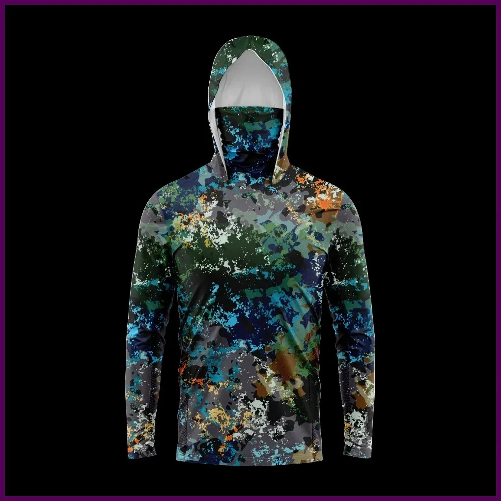 Hombres Capucha Camisa de Pesca Manga Larga Camiseta de Pesca Protección UV Ropa de Pesca