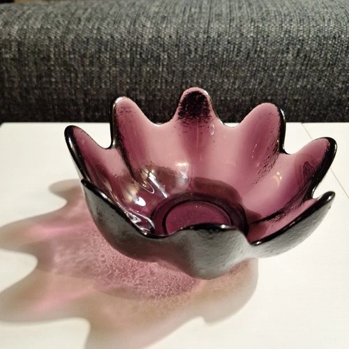 Vintage Blenko Amethyst Purple Glass Lotus Dish Signed by Richard Blenko 2000