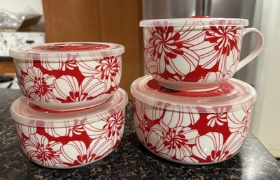 CIROA Red Hibiscus Floral Bowl Soup Set 4 piece w/ Lid Microwaveable