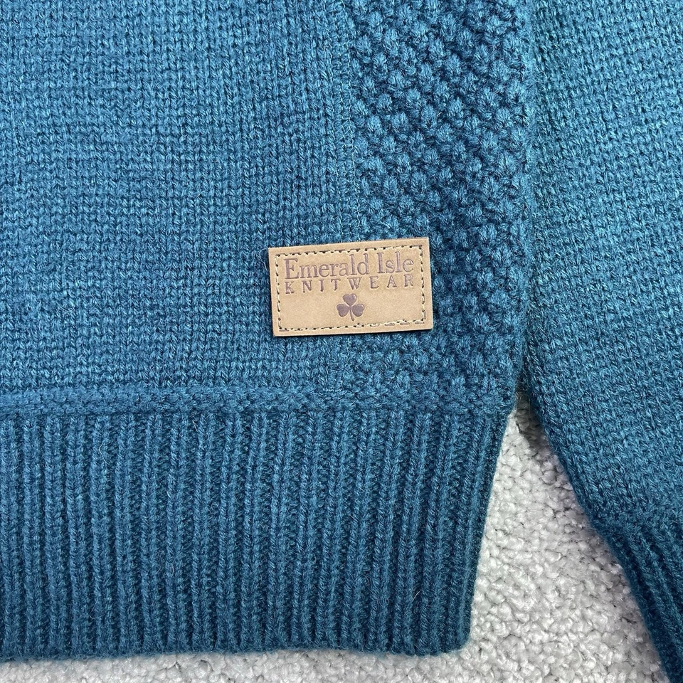 Suéter de punto Emerald Isle mezcla de lana Galway para hombre L botón verde azulado cuello falso  Foto 2 de 4