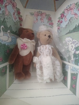 Vintage GUND Littlest Bears Bride Groom Wedding Miniature Jointed Teddy Set w...