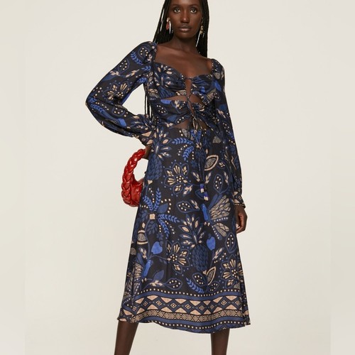 Anthropologie FARM Rio Macaw Forest Cutout L/S Midi Dress Tropical Print NWT SzL