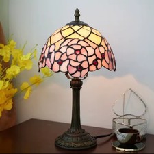 Tiffany Table Lamp, Antique, 8 Inch Pink Shade, Floral, Stained Glass, EU PLUG!
