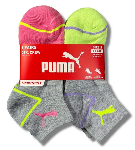 PUMA SOCKS GIRLS X6 - QUARTER CUT 253 - GRACE PINK LIME -LARGE SHOE 4-9.5 6 PACK - Picture 1 of 2