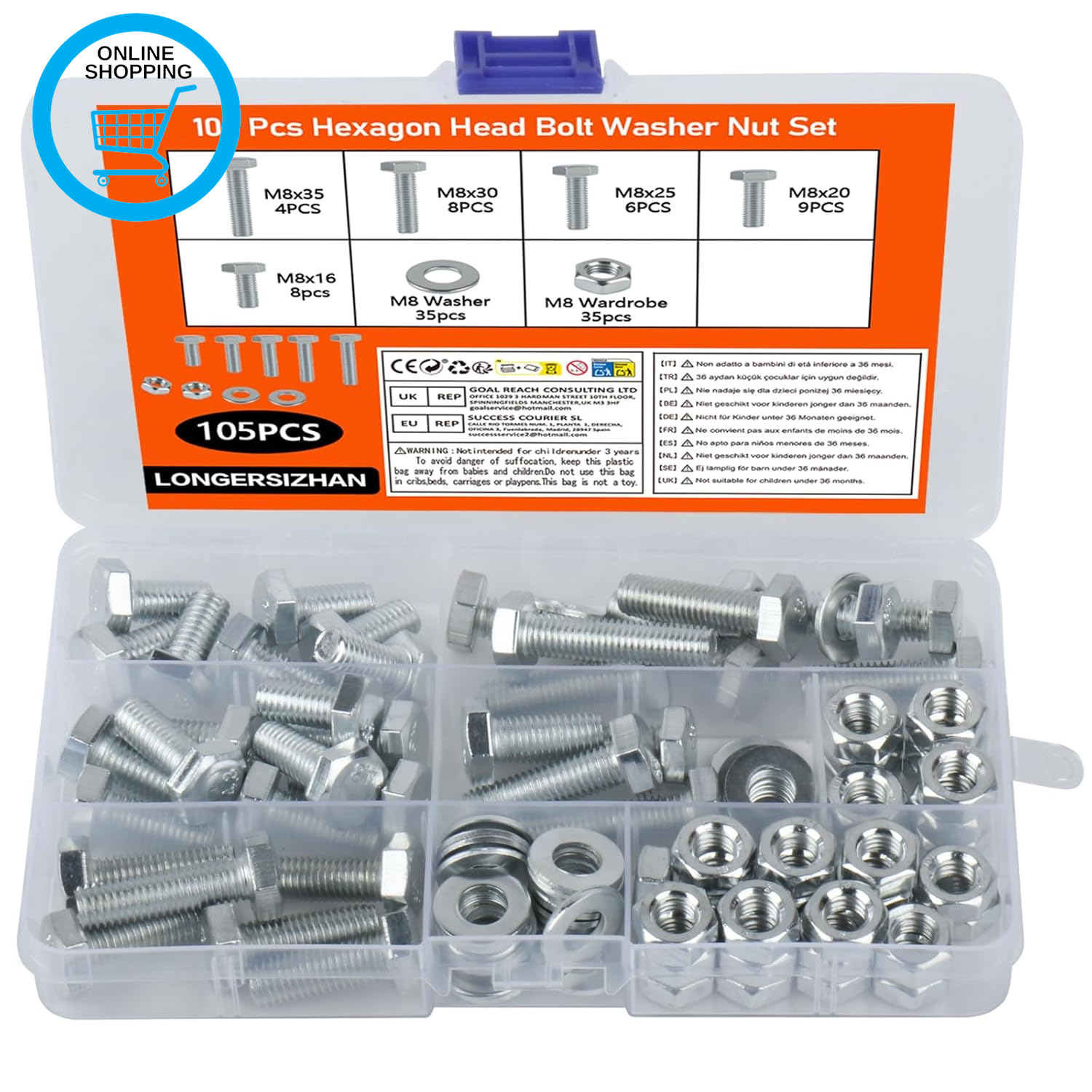 105 Pcs M8 Hex Bolts and Nuts Set, Machine Screws Assorted Nuts and Bolts Set wi