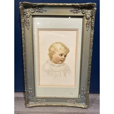 Antique 1900s Floral Gesso Frame Victorian Boy Portrait Litho, Brundage Style