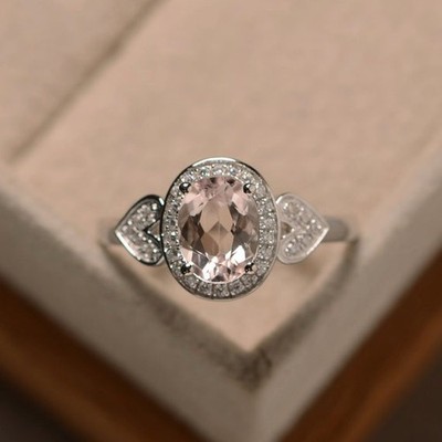 1.65 Ct Oval Cut Natural Morganite Diamond Ring 14K White Gold Ring Size 7