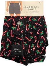 NWT AMERICAN EAGLE Ultra Soft Pocket Boxer Sz S-M-L-XL Black Red Candy Canes 75