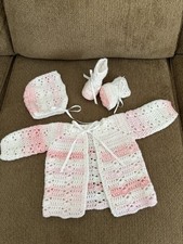 New Handmade Crocheted White and Pink Baby Sweater, Bonnet, Booties Set