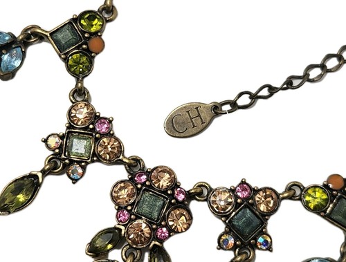 Carolina Herrera CH Strass Frühling Blumen Hänger Tropfen Fransen Halskette Vintage - Bild 8 von 14