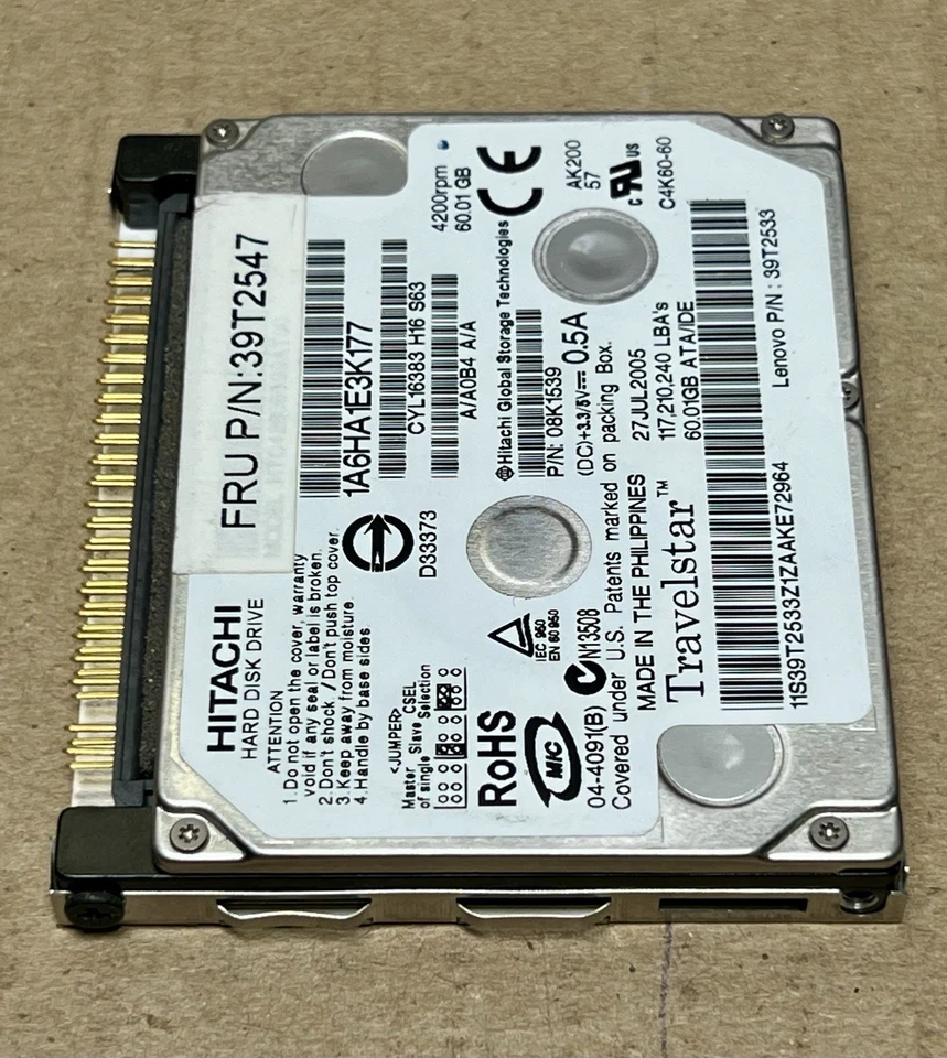 Hitachi 60GB HDD PATA/IDE/EIDE 4200RPM 1.8" Hard Drive for Laptop P/N: 08k1539 - Image 4 of 4