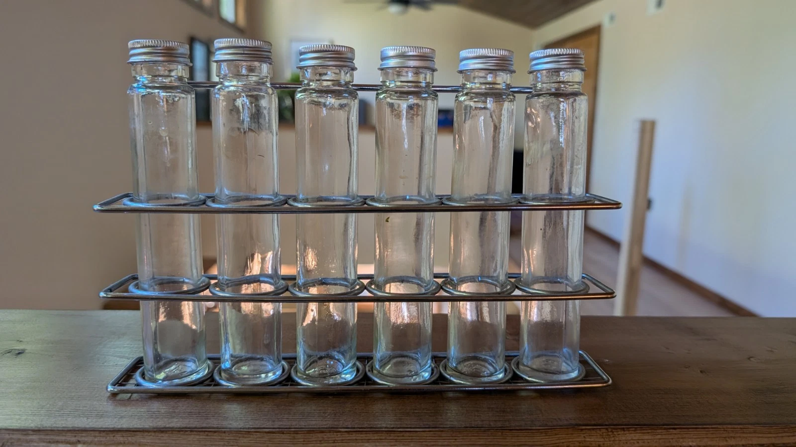 Stainless Spice Rack 6 Apothecary Glass Bottles Espresso Bean Floral Stand VGUC