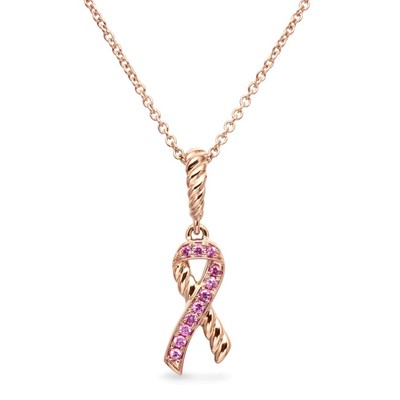 David Yurman 18K Rose Gold Pink Sapphire Breast Cancer Ribbon Necklace  Pendant