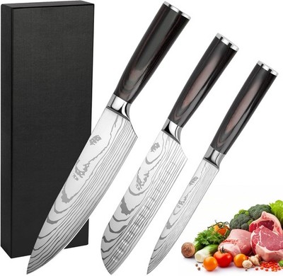 Messerset mit Kochmesser, Santoku, Allzweckmesser