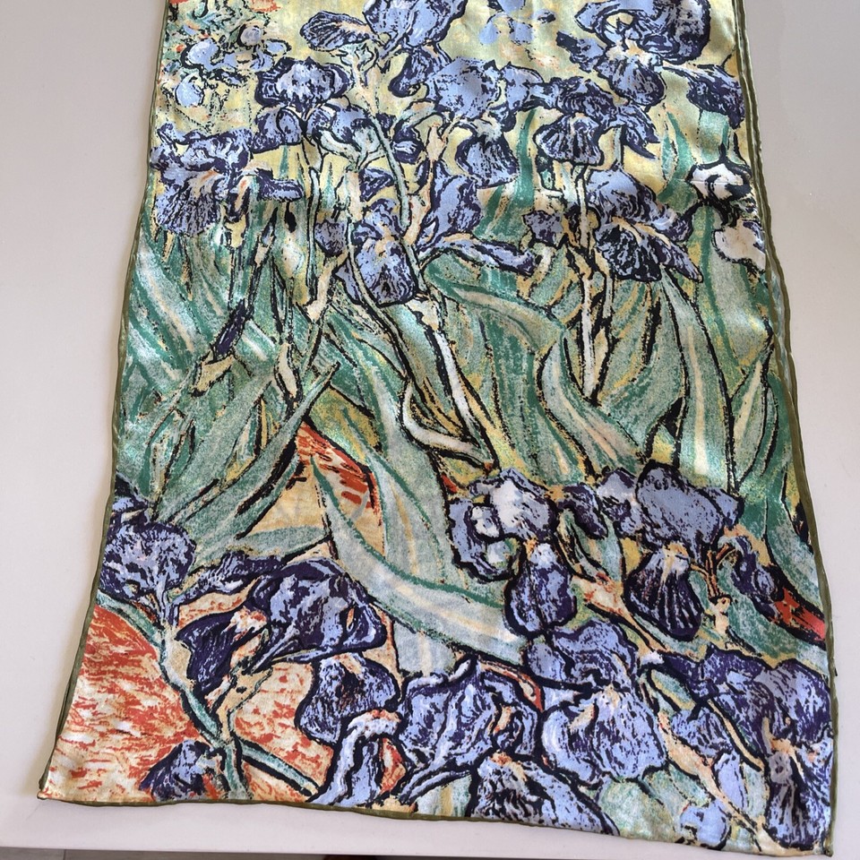 Silk Scarf Vincent Van Gogh Unique Print Irises 62x16 Oblong HandRolled
