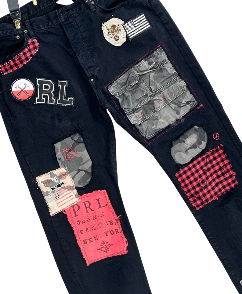 Polo Ralph Lauren men black jeans 40x30 patchwork ripped upcycled suspenders - Image 4 of 4