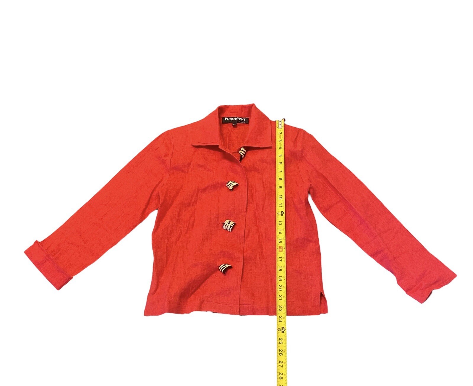 Blazer pony vintage dipinto giacca corta donna XS lino rosso zebrato bottone legno USA